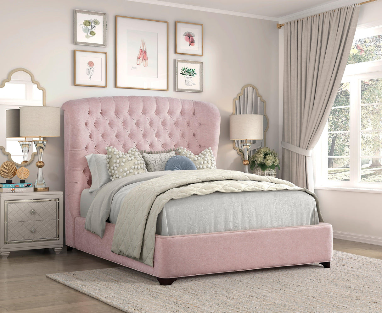 Cameo Pink King Upholstered Wingback Bed by Homelegance at Eve Furniture