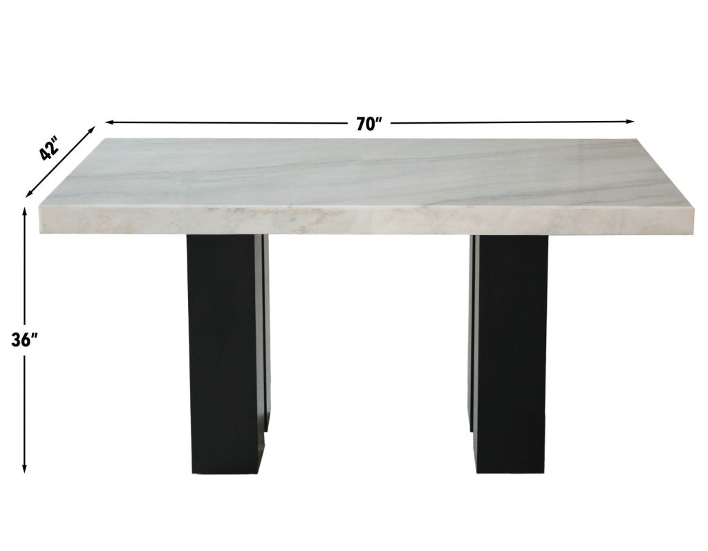Artemis 5 Piece 70″ Rect White Marble Table, Black Finish w/4 Black Vegan Leather Chairs