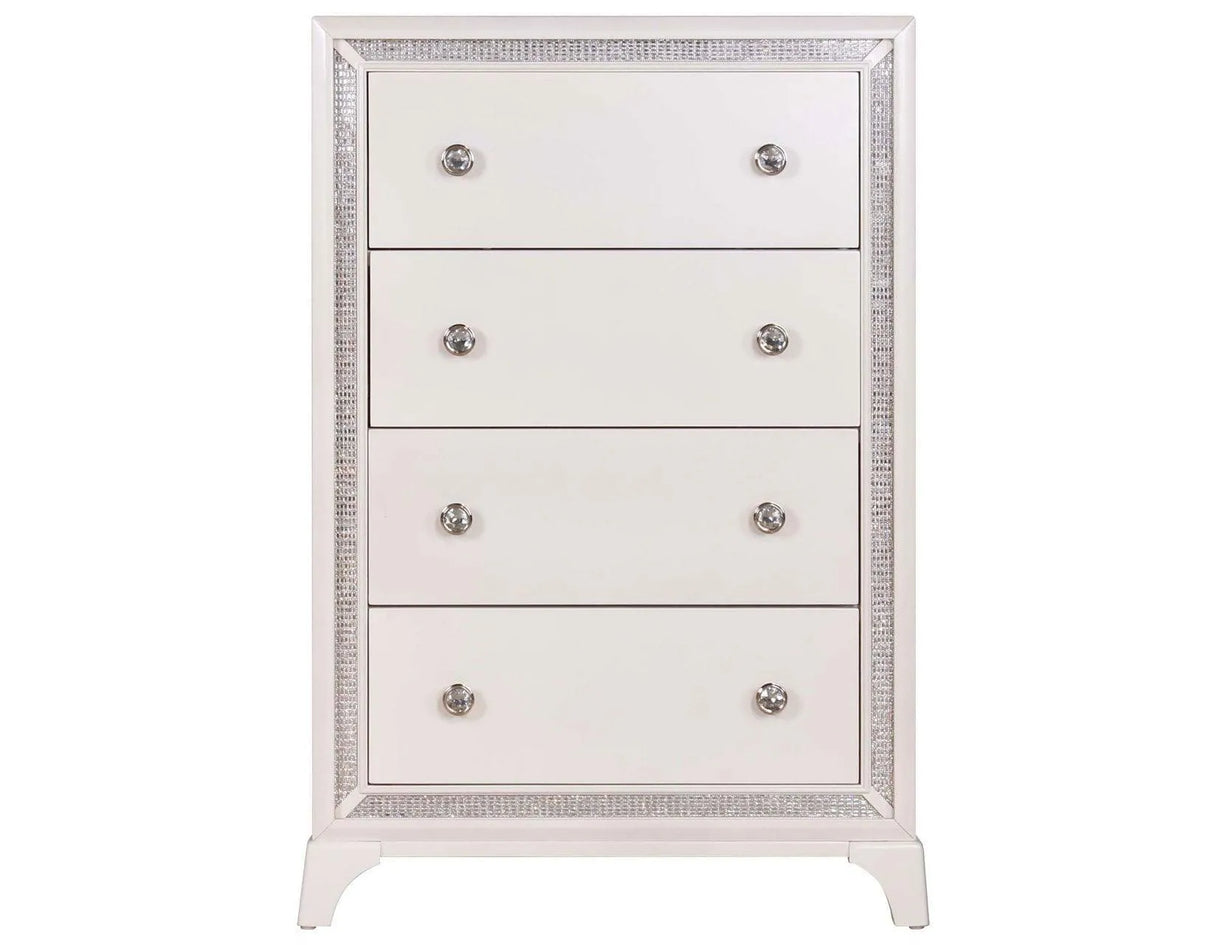 Cassie Illuminating 5-Drawer Chest, Shimmering Pearl Finish by Steve Silver at Eve Furniture
