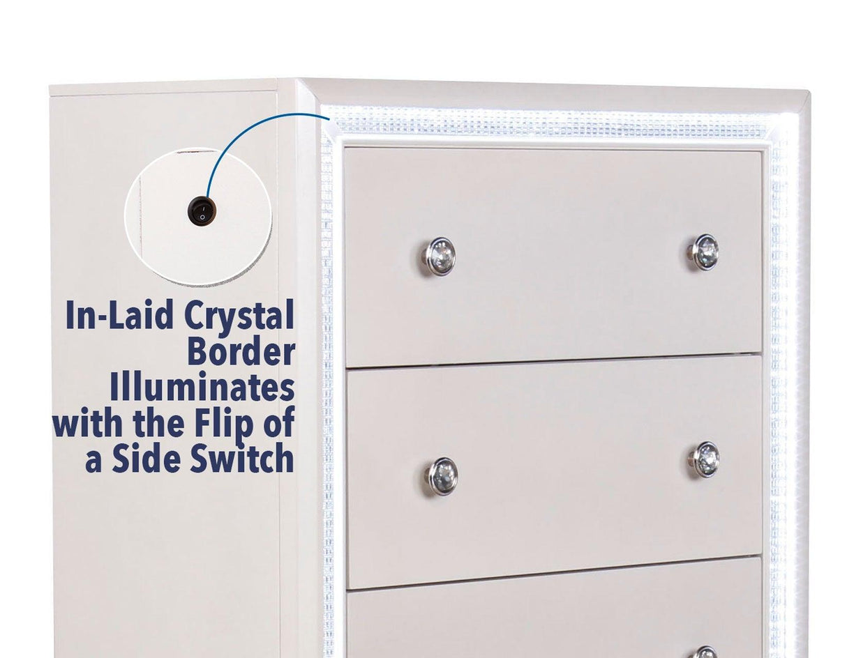 Cassie Illuminating 5-Drawer Chest, Shimmering Pearl Finish by Steve Silver at Eve Furniture