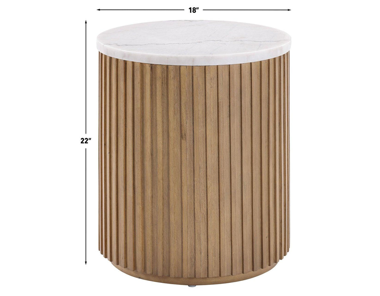 Colvin 18″ Round White Marble Top End Table, Toffee Finish by Steve Silver at Eve Furniture