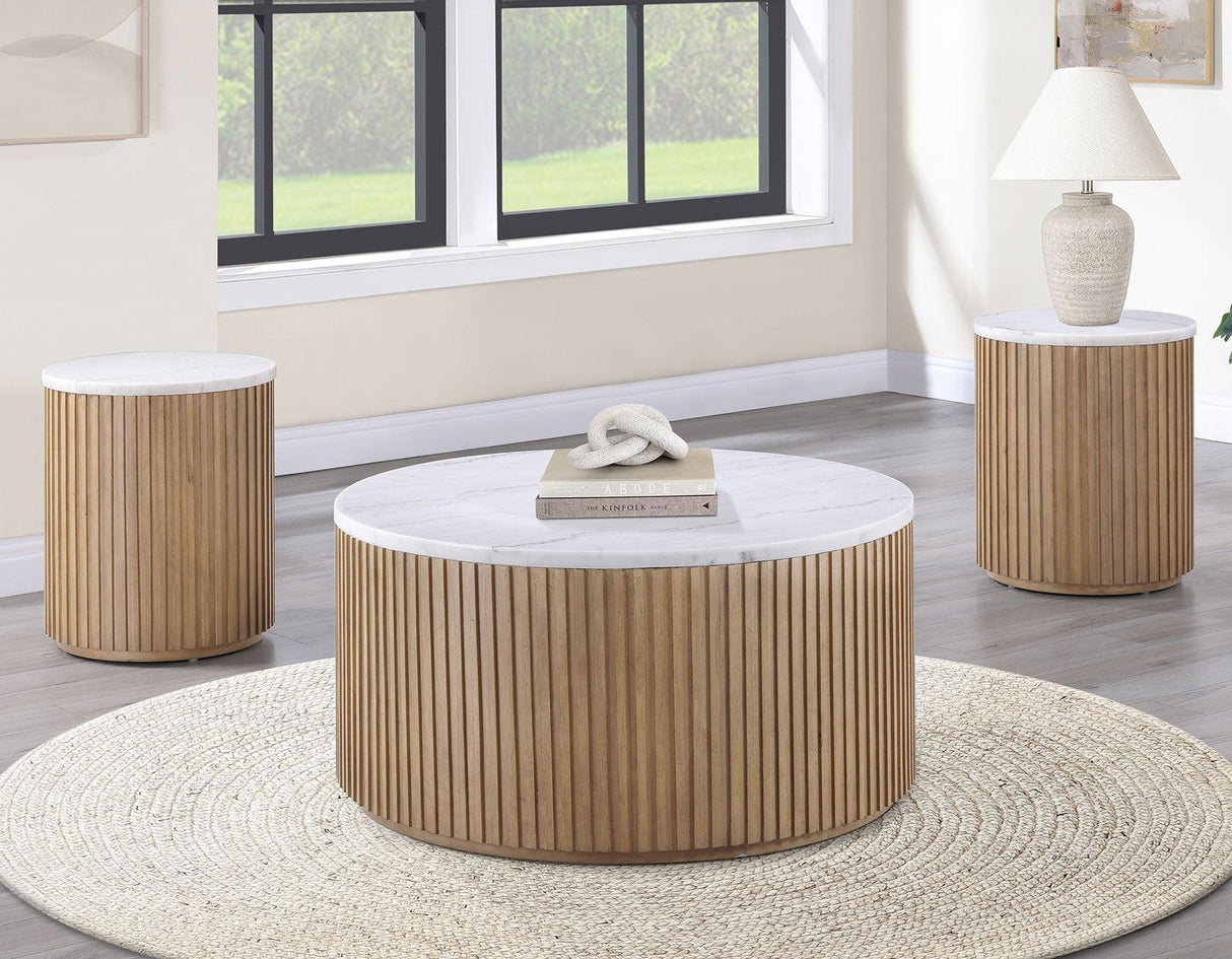 Colvin Toffee Finish 36″ Round Castered White Marble Top Coffee Table by Steve Silver at Eve Furniture