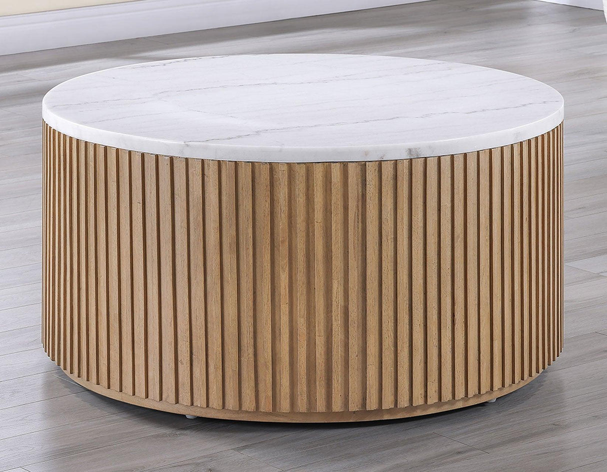 Colvin Toffee Finish 36″ Round Castered White Marble Top Coffee Table by Steve Silver at Eve Furniture