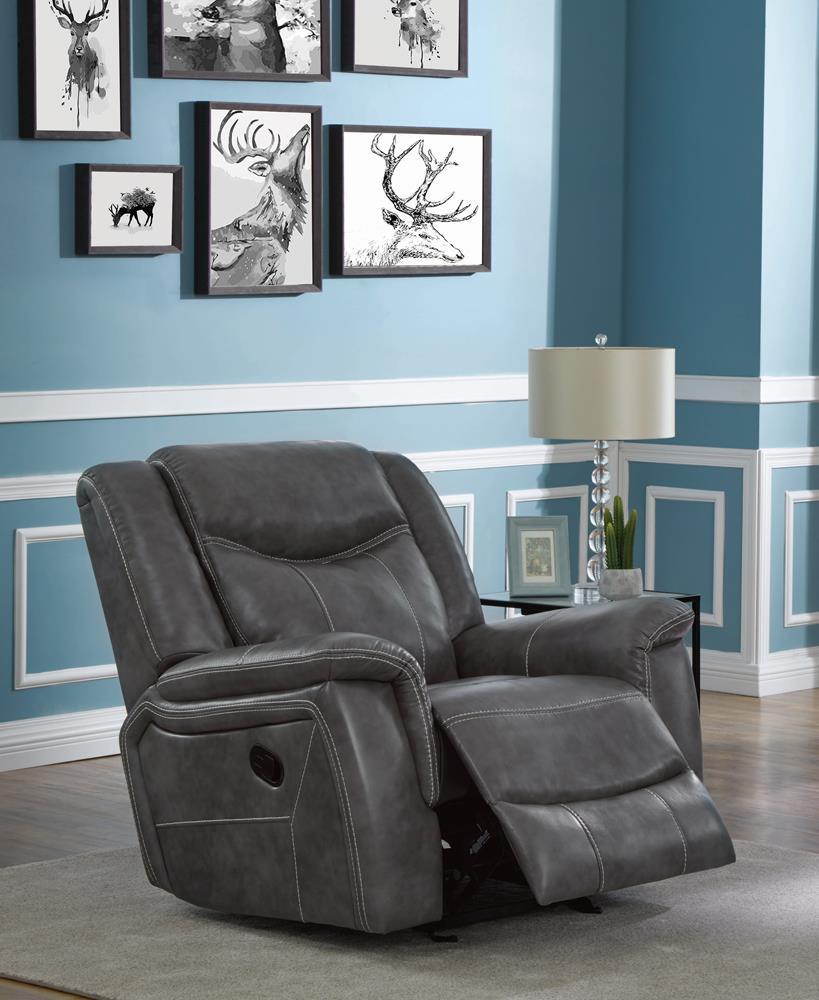 Conrad Gray Upholstered Motion Glider Recliner by Coaster at Eve Furniture