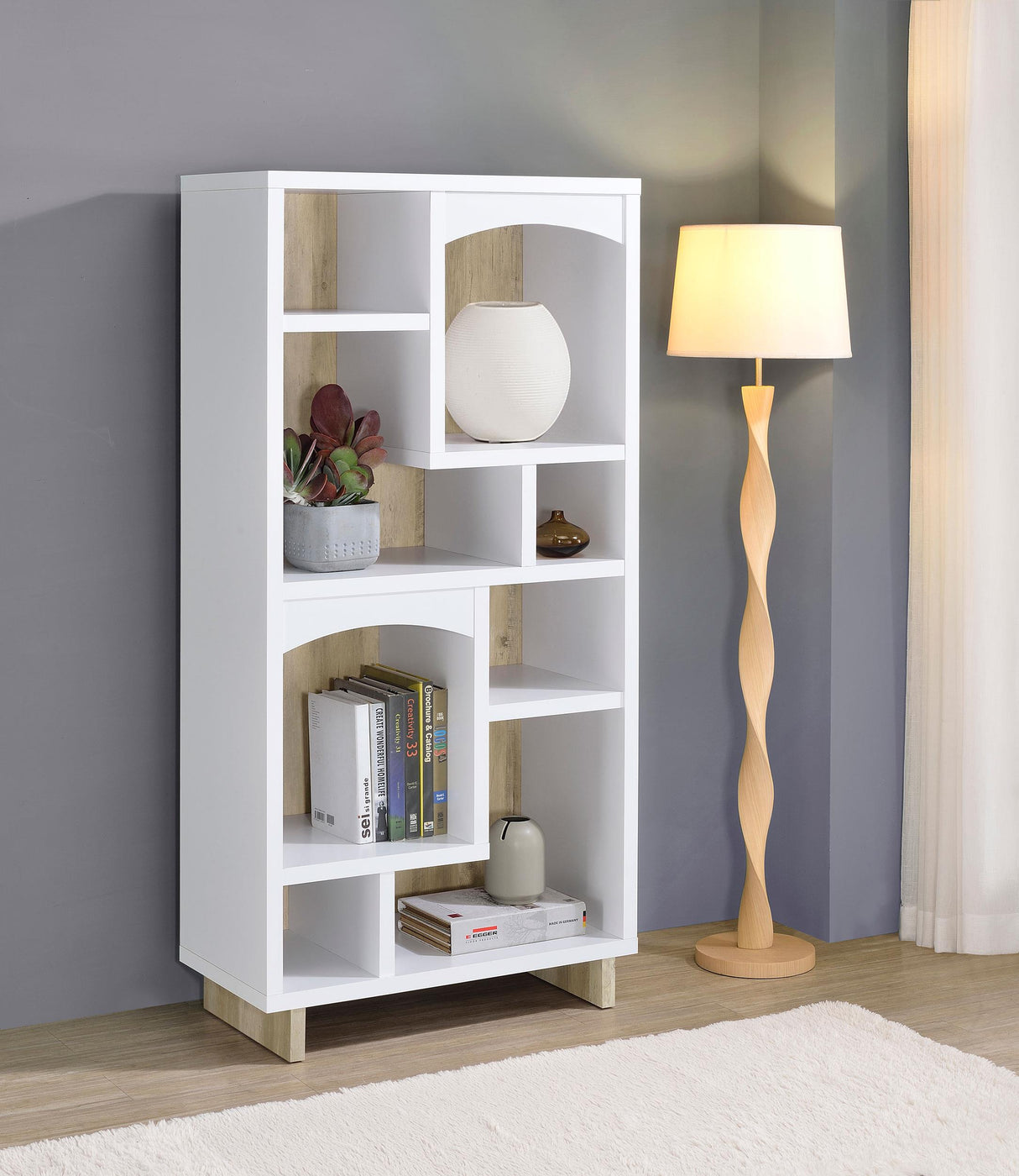 Dalton White and Distressed Pine 65-inch 6-shelf Bookcase by Coaster at Eve Furniture