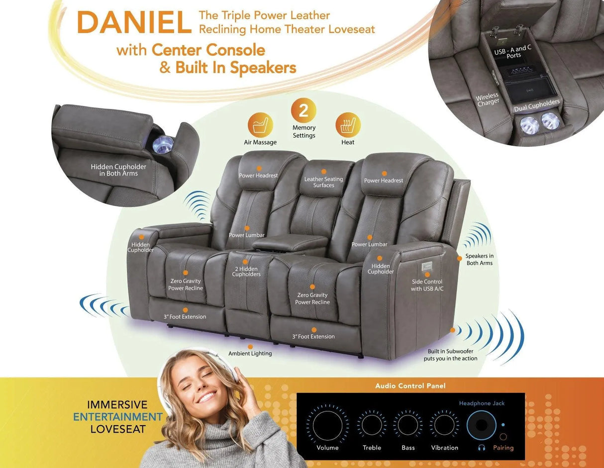 Daniel Triple Power Home Theater Leather Reclining Console Loveseat, Built-in Speakers, Heat and Massage by Steve Silver at Eve Furniture