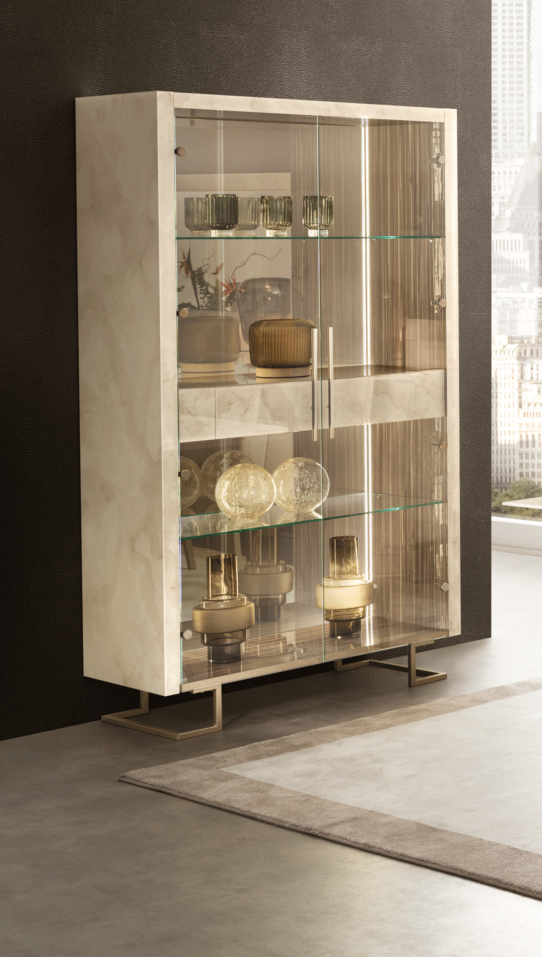 Luce Light Beige 2-Door Display Cabinet with Drawer
