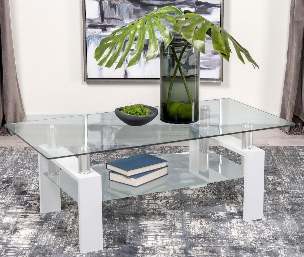 Dyer Rectangular Glass Top Coffee Table With Shelf White by Coaster at Eve Furniture