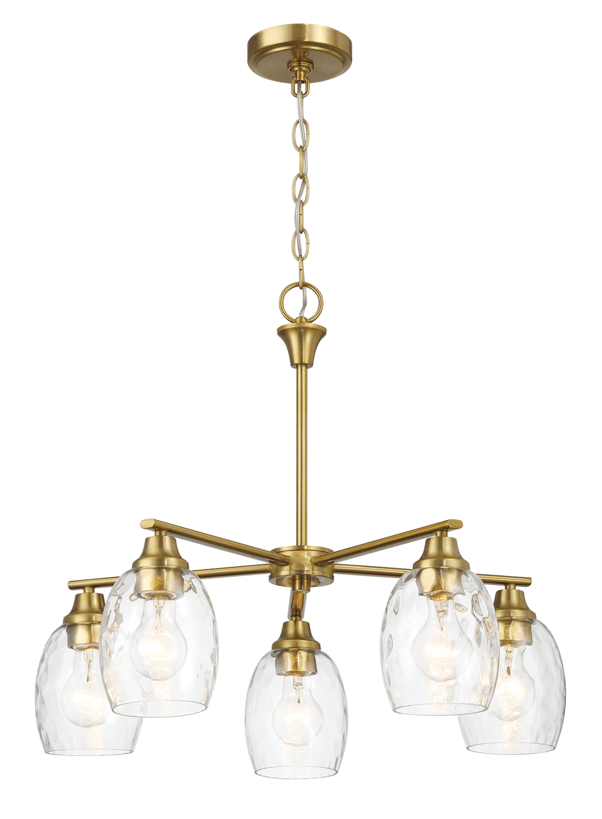 Elegance Five Lights Linear Arms with Golden Brass Finish Chain Chandelier 24"W × 8.5"H with Clear Water Glass by Ashcroft Imports at Eve Furniture