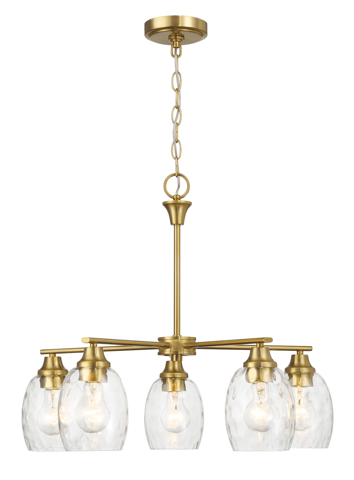 Elegance Five Lights Linear Arms with Golden Brass Finish Chain Chandelier 24"W × 8.5"H with Clear Water Glass by Ashcroft Imports at Eve Furniture