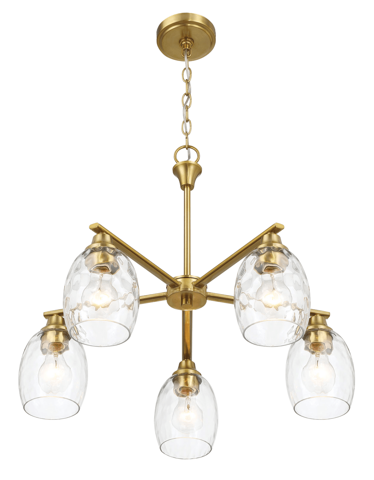 Elegance Five Lights Linear Arms with Golden Brass Finish Chain Chandelier 24"W × 8.5"H with Clear Water Glass by Ashcroft Imports at Eve Furniture