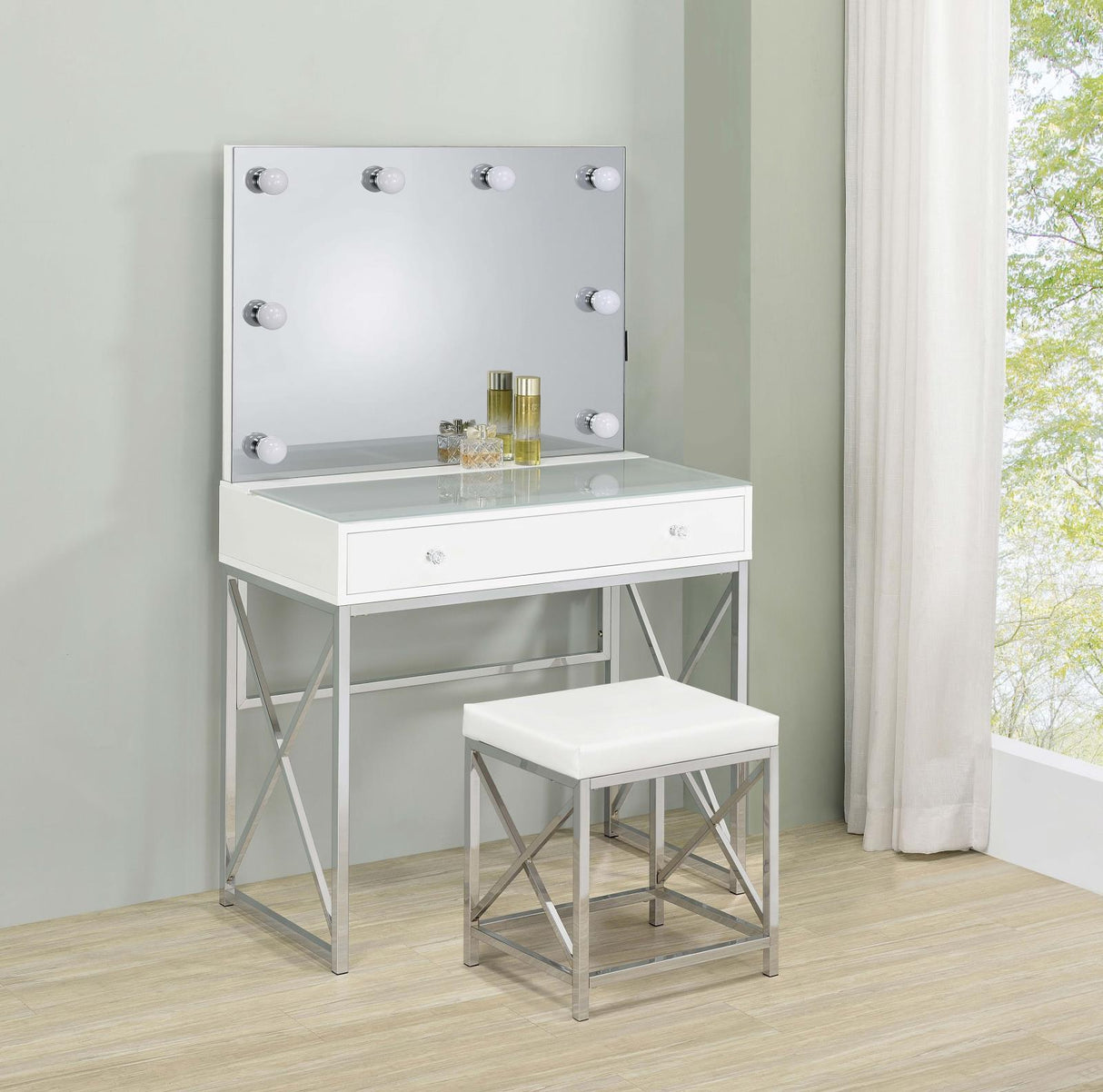 Eliza White and Chrome 2-piece Vanity Set with Hollywood Lighting by Coaster at Eve Furniture