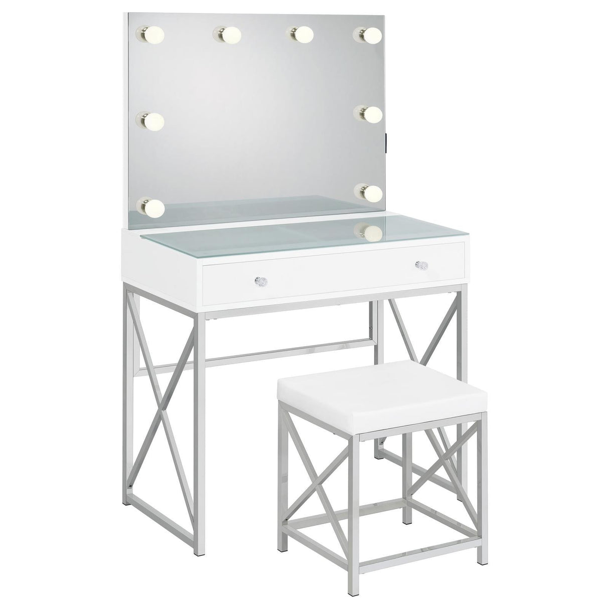 Eliza White and Chrome 2-piece Vanity Set with Hollywood Lighting by Coaster at Eve Furniture