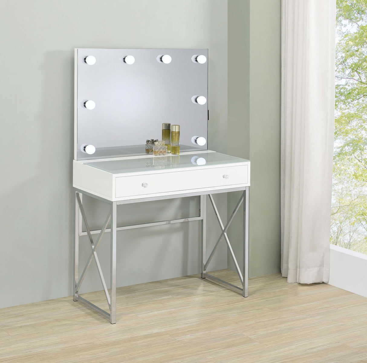 Eliza White and Chrome 2-piece Vanity Set with Hollywood Lighting by Coaster at Eve Furniture