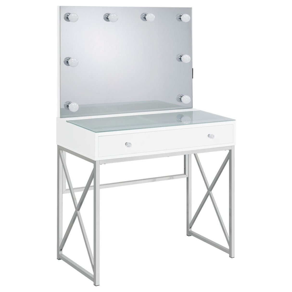 Eliza White and Chrome 2-piece Vanity Set with Hollywood Lighting by Coaster at Eve Furniture