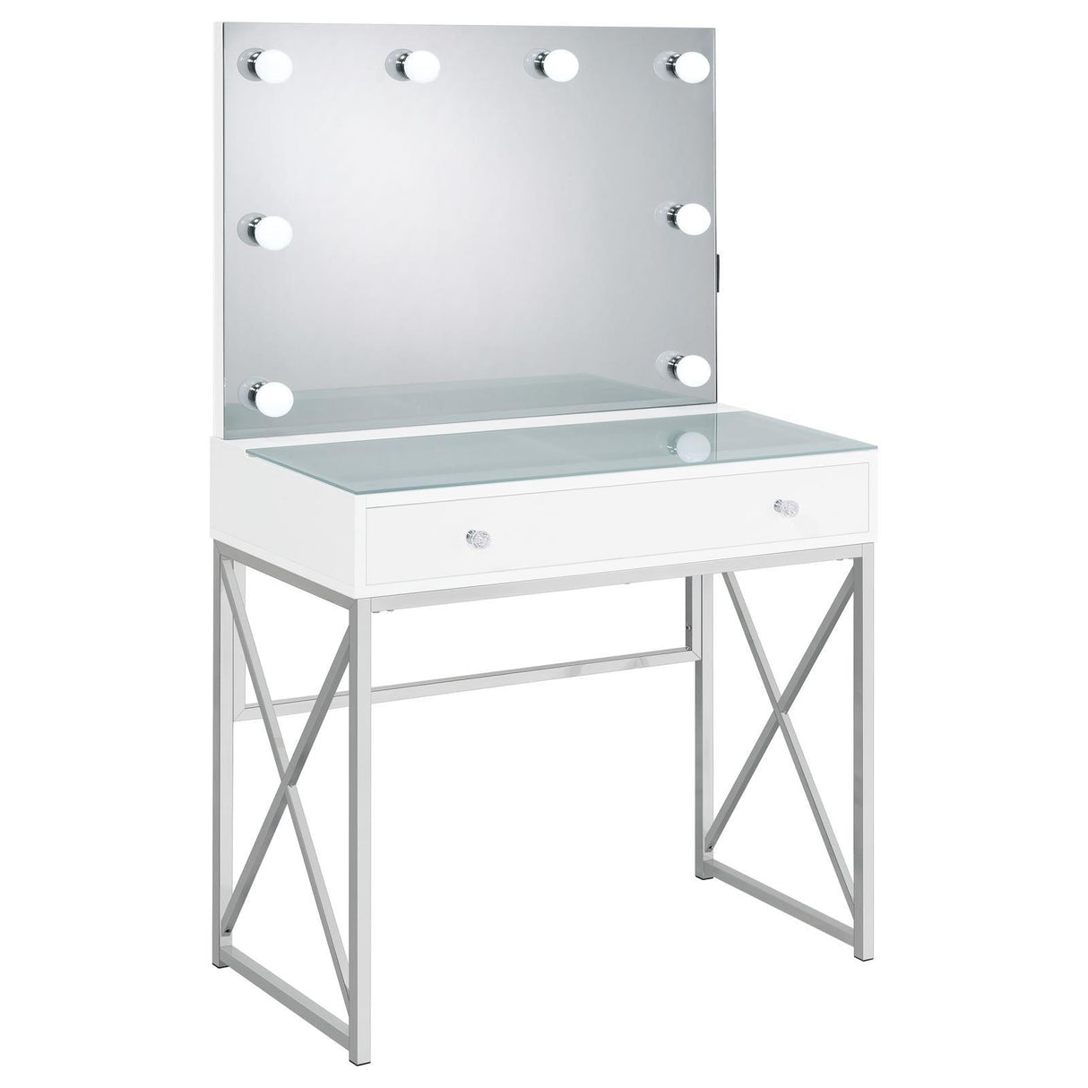 Eliza White and Chrome 2-piece Vanity Set with Hollywood Lighting by Coaster at Eve Furniture