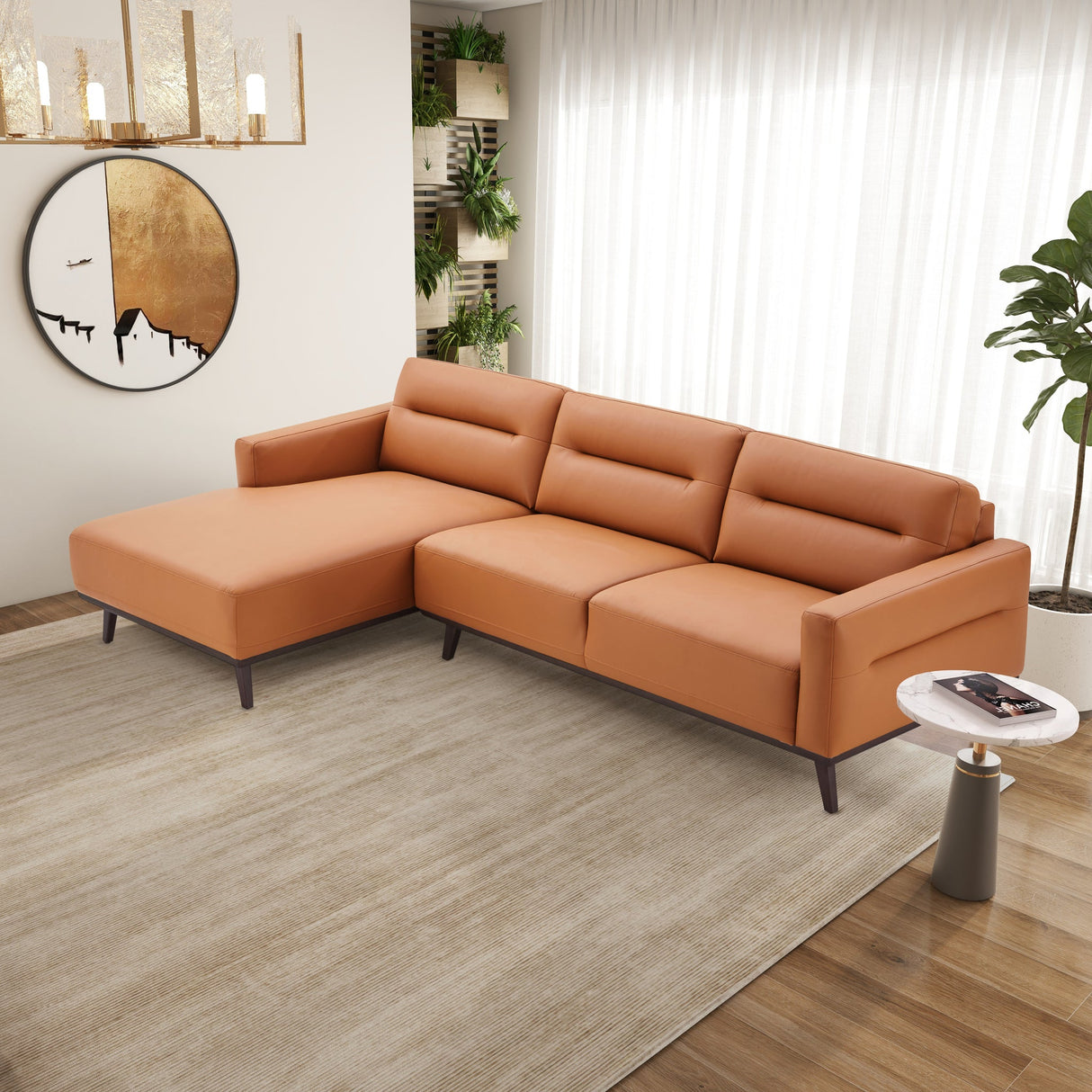 Ella L-Shaped Cognac PU Leather Left Sectional Couch by Ashcroft Imports at Eve Furniture