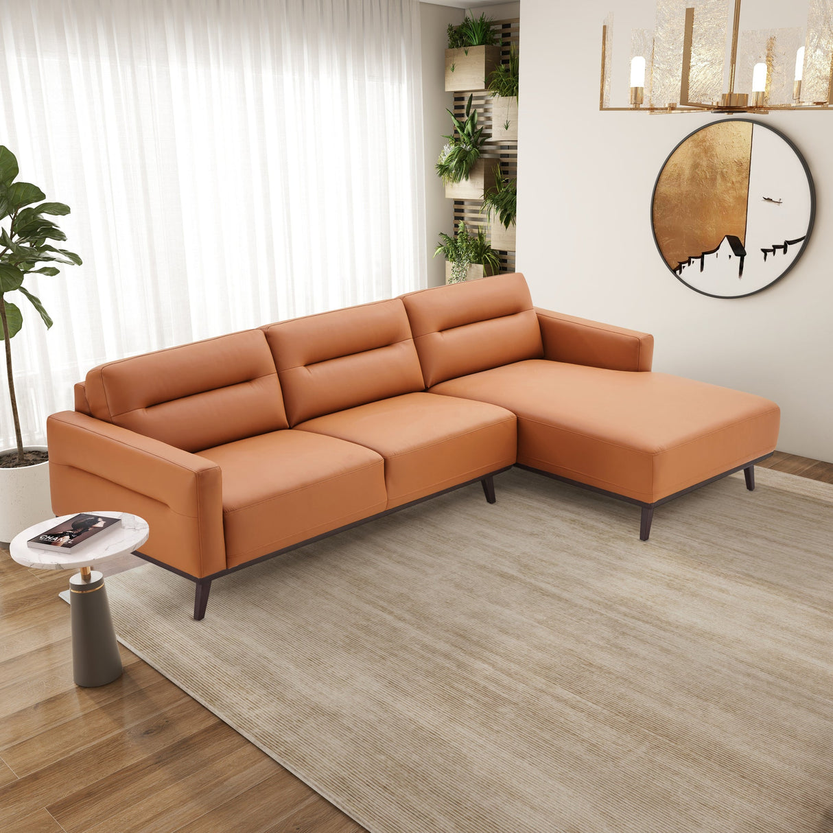 Ella L-Shaped Cognac PU Leather Right Sectional Couch by Ashcroft Imports at Eve Furniture