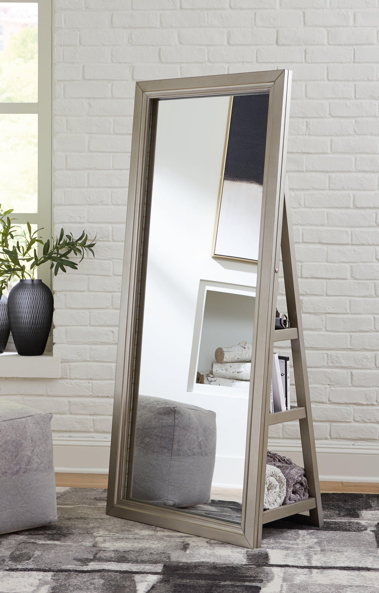 Evesen Champagne Floor Standing Mirror with Storage by Ashley at Eve Furniture