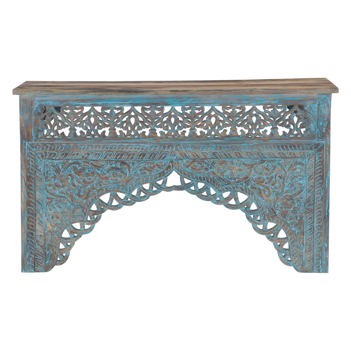 Tribal 59" Carved Wood Console Table in Teal