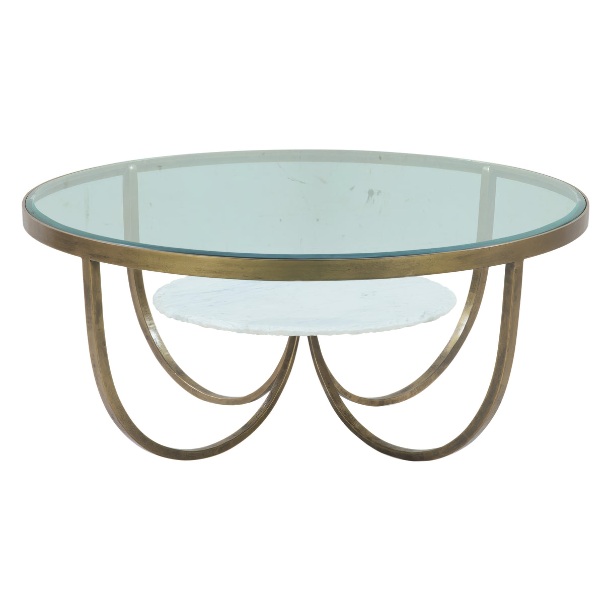 Venice 36" Round Coffee Table in Antique Brass with White Marble and Glass Top by Home Trends & Design at Eve Furniture