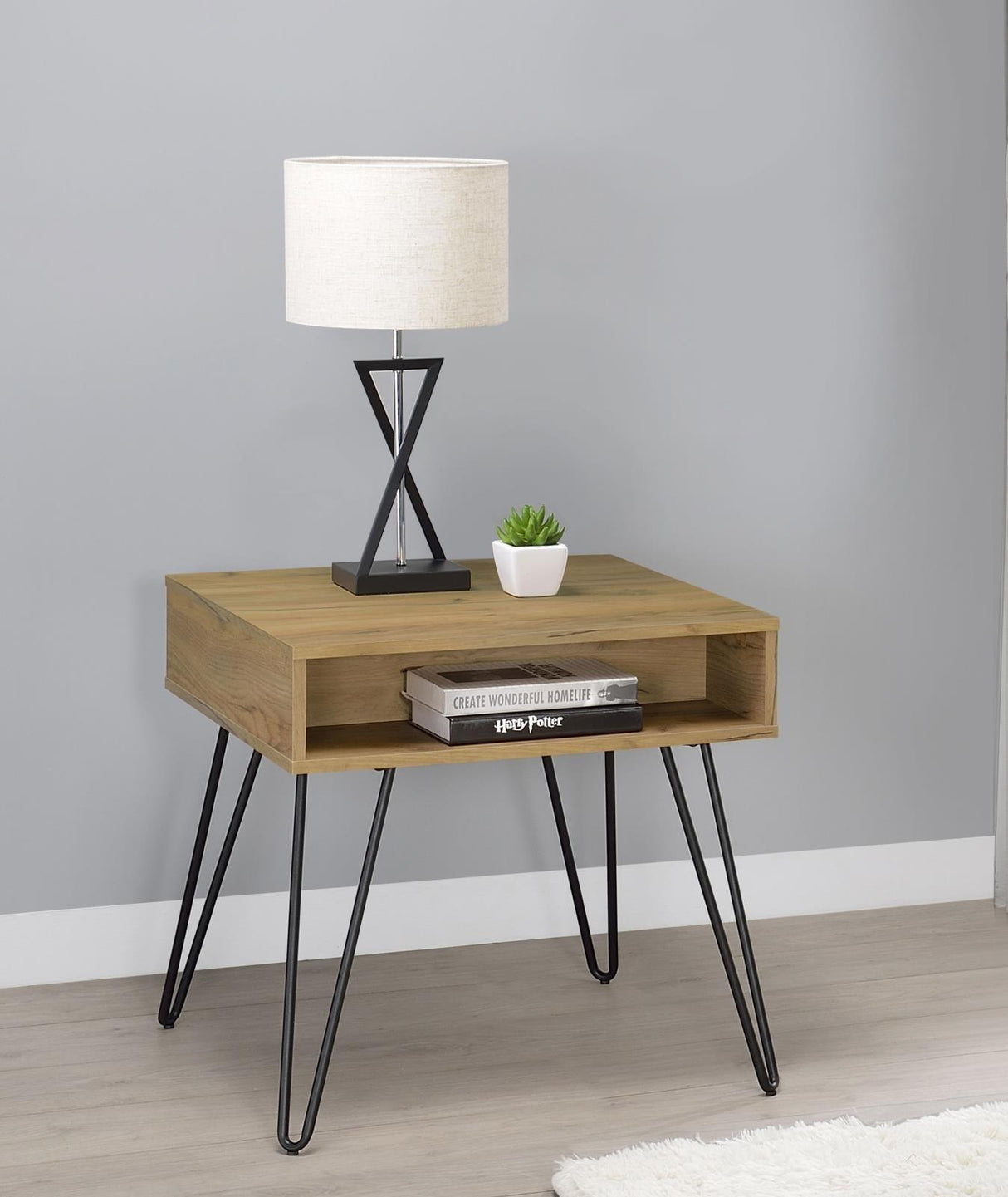 Fanning Golden Oak/Black Square End Table with Open Compartment by Coaster at Eve Furniture