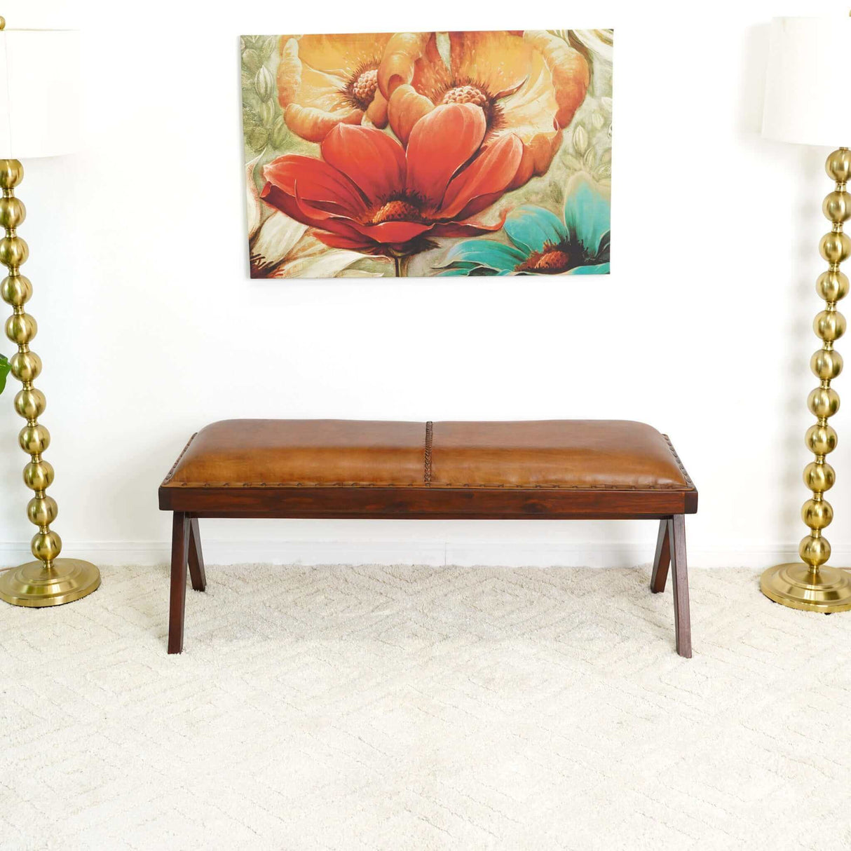 Chad Mid Century Modern Tan Leather Bench by Ashcroft Imports at Eve Furniture