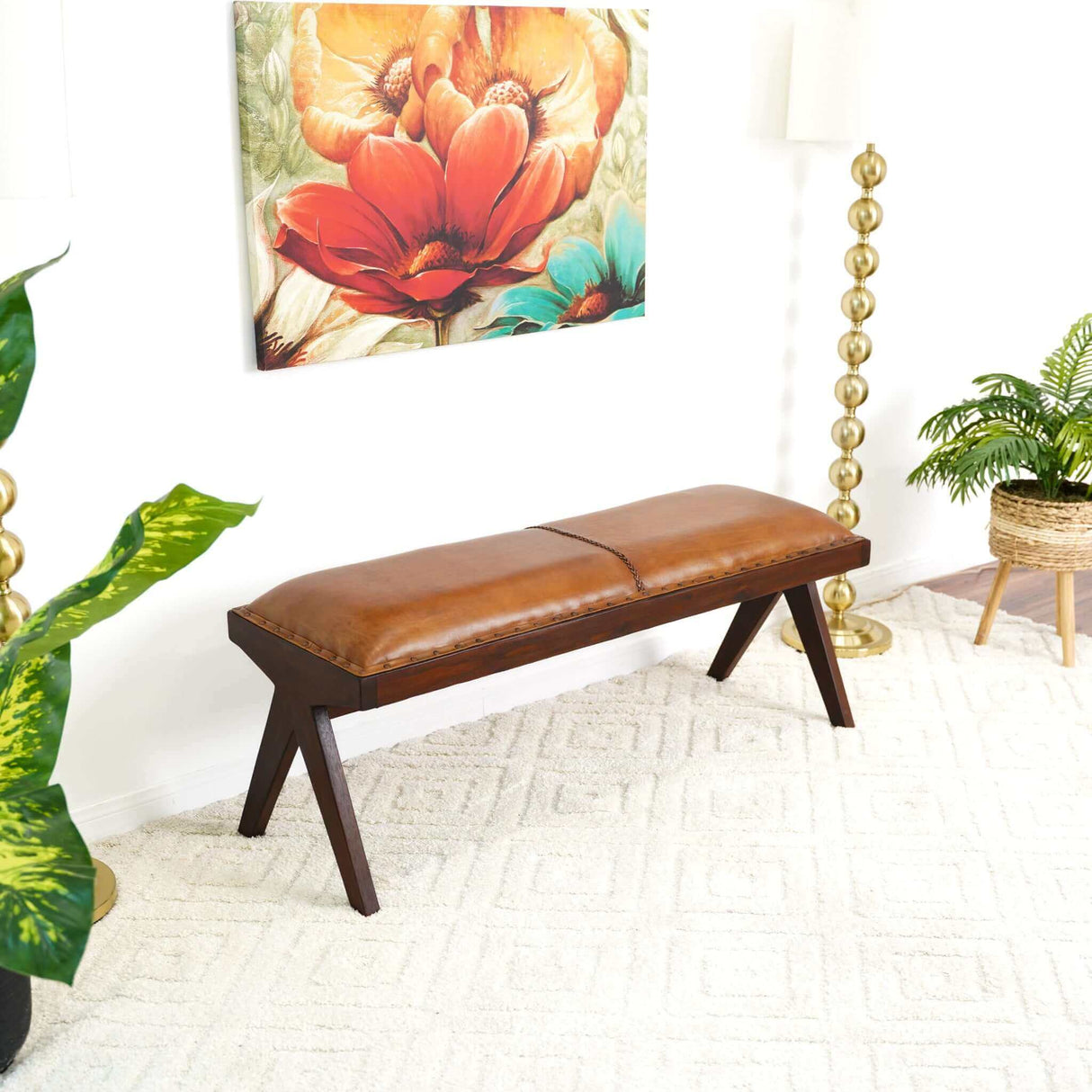 Chad Mid Century Modern Tan Leather Bench by Ashcroft Imports at Eve Furniture