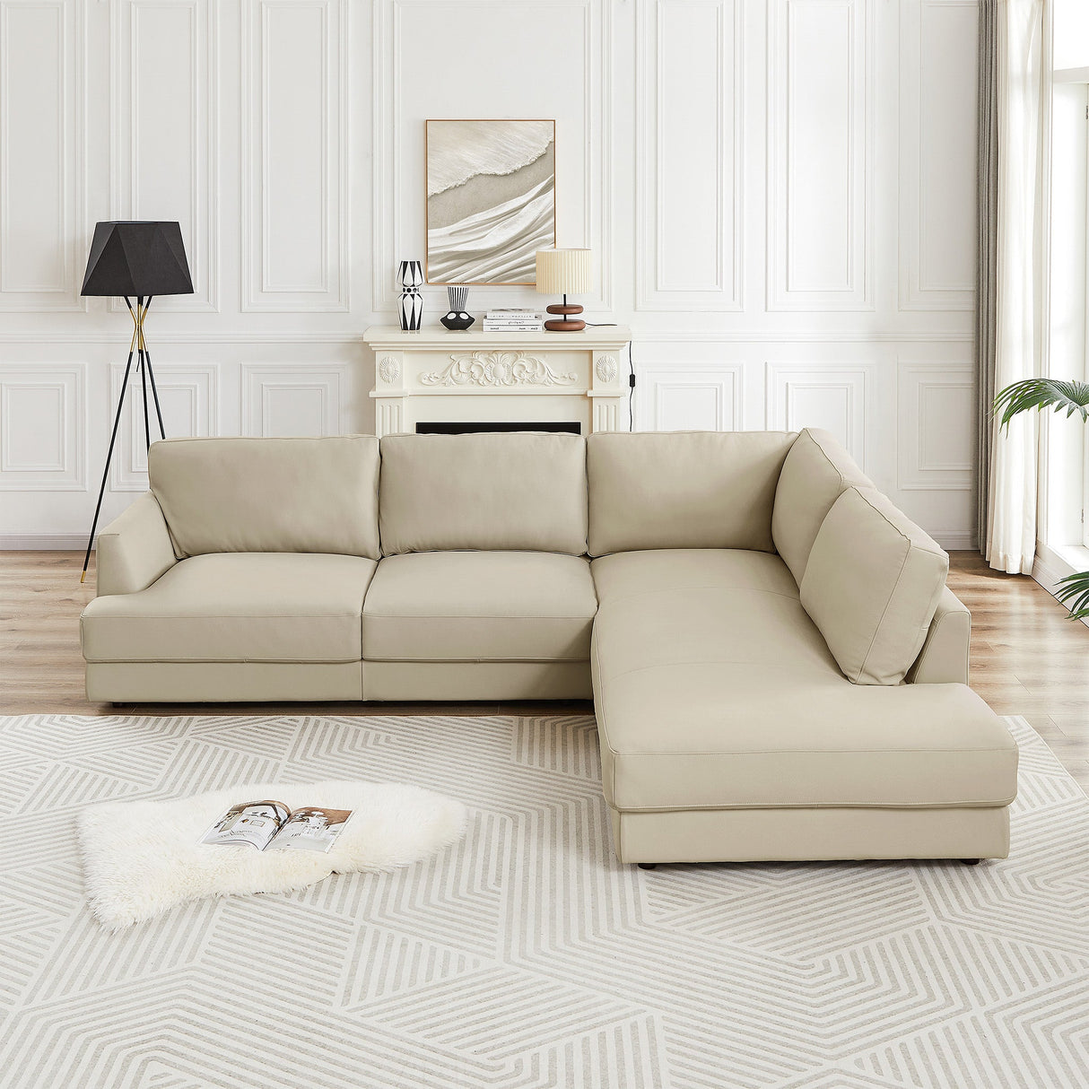 Glander Cream Leather Sectional Sofa Right Facing by Ashcroft Furniture at Eve Furniture
