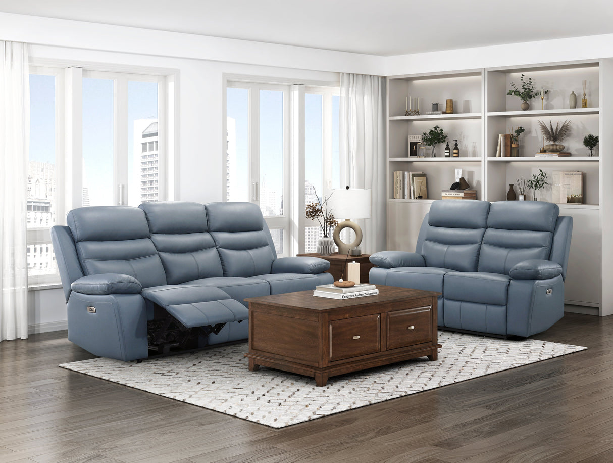 Hancock Blue Leather Power Double Reclining Loveseat by Homelegance at Eve Furniture