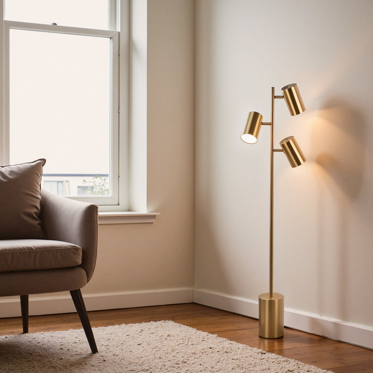 Harmony Brassed Gold Floor Lamp with Rotary Switch Triple Spots Metal Block Base by Ashcroft Imports at Eve Furniture