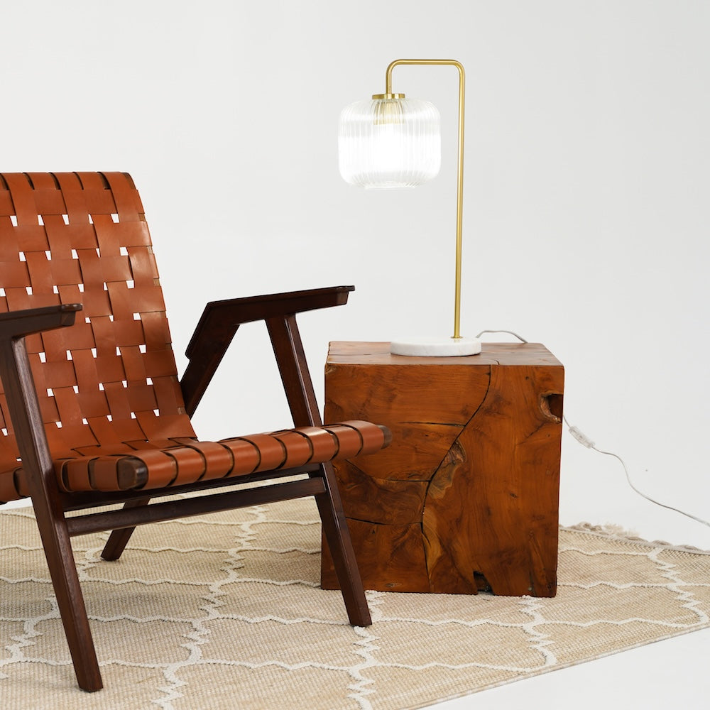 Haven Clear Glass Table Lamp, Gold Brush Metal and Marble Base, Button Control by Ashcroft Imports at Eve Furniture