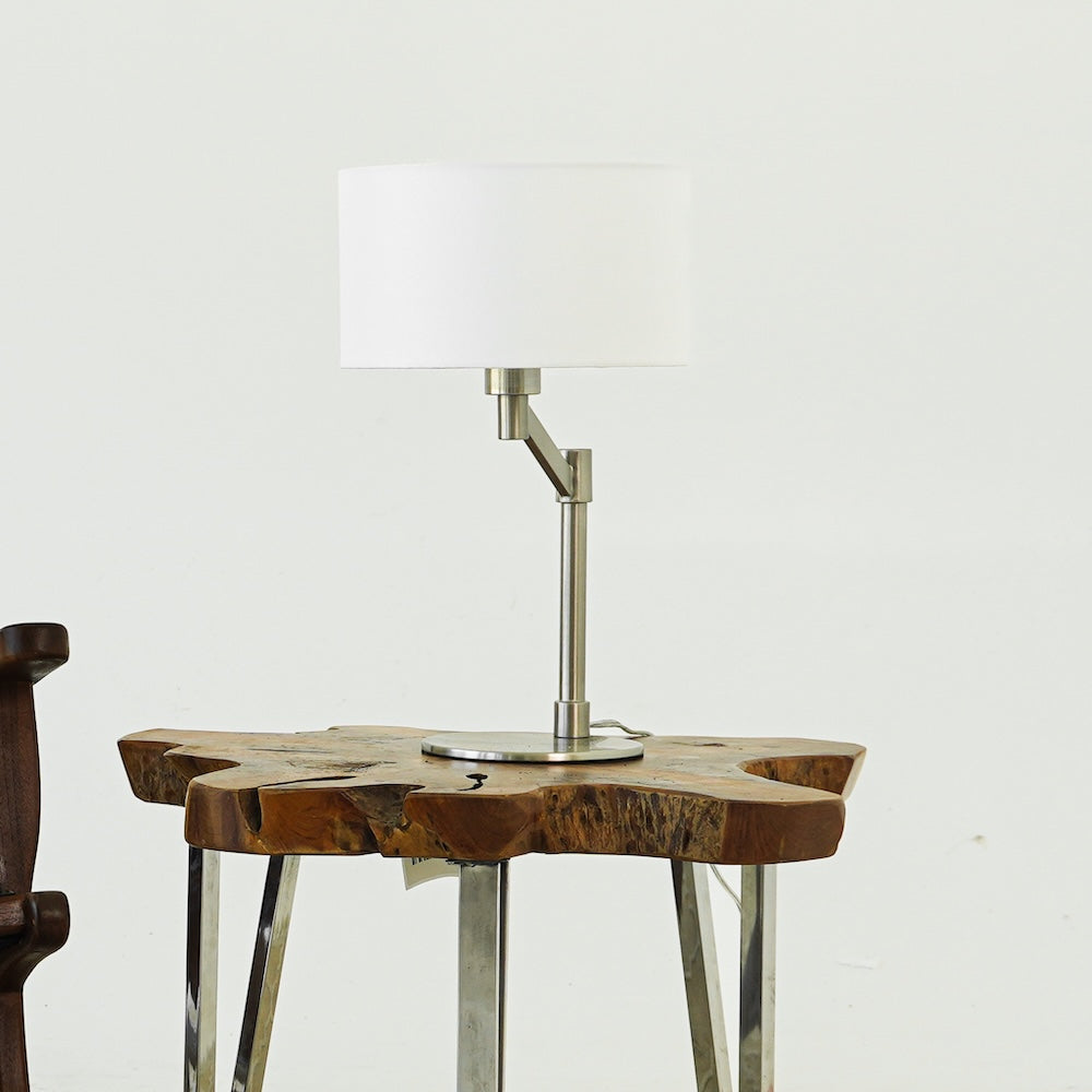 Horizon Brushed Nickel Table Lamp with On/Off Switch Curved Metal Base Linen Shade by Ashcroft Furniture at Eve Furniture