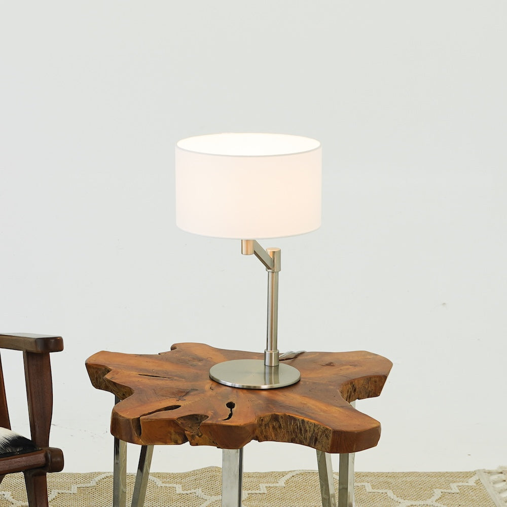Horizon Brushed Nickel Table Lamp with On/Off Switch Curved Metal Base Linen Shade by Ashcroft Furniture at Eve Furniture