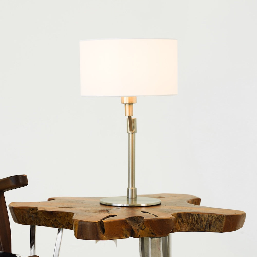 Horizon Brushed Nickel Table Lamp with On/Off Switch Curved Metal Base Linen Shade by Ashcroft Furniture at Eve Furniture