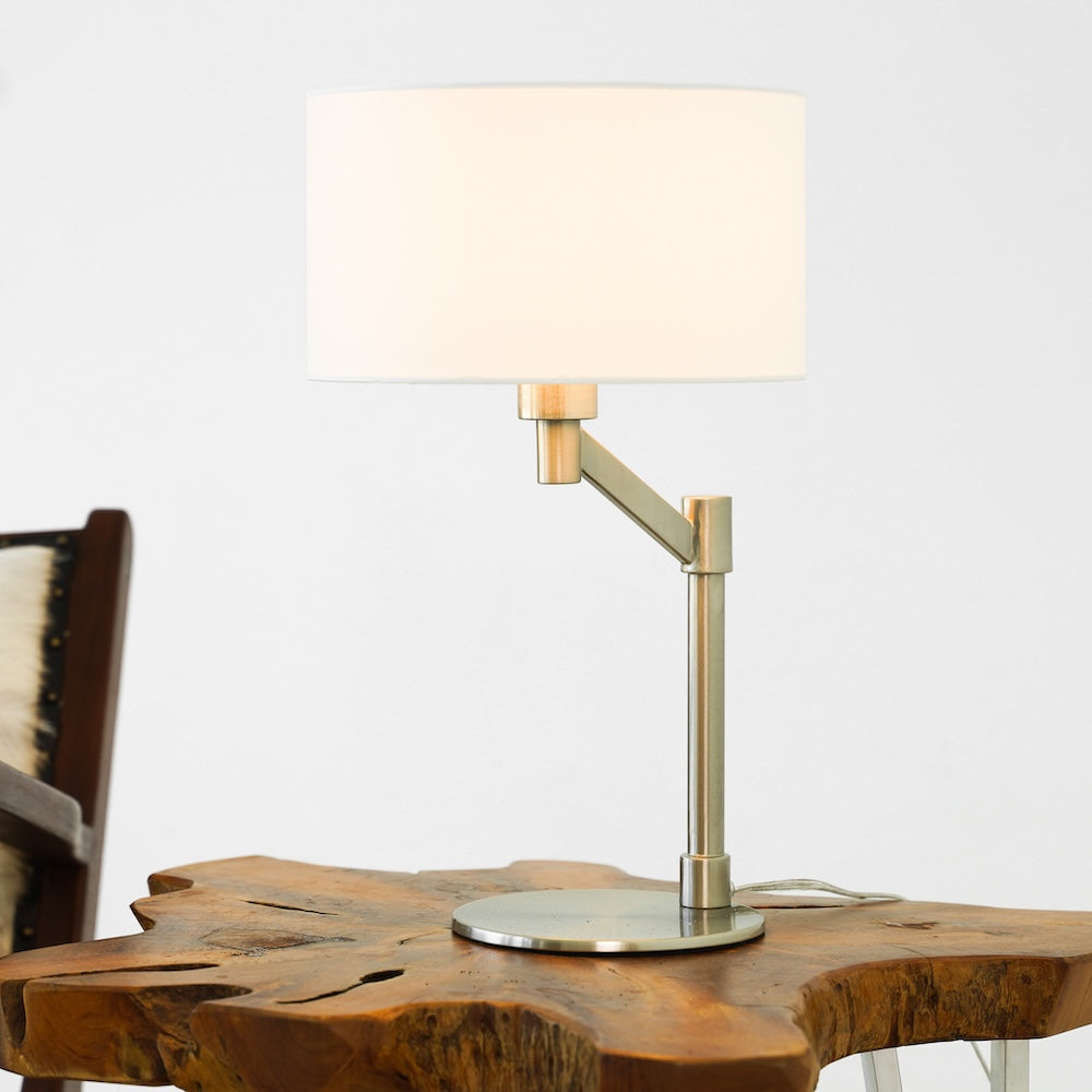 Horizon Brushed Nickel Table Lamp with On/Off Switch Curved Metal Base Linen Shade by Ashcroft Furniture at Eve Furniture