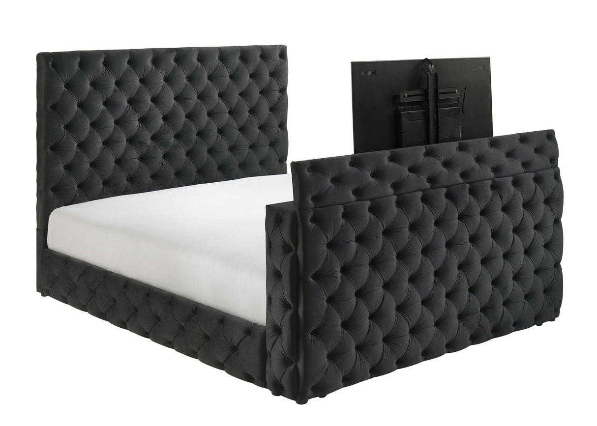 Josephine Black King Upholstered Panel Bed with TV Lift by Crown Mark at Eve Furniture