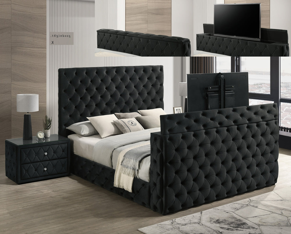 Josephine Black King Upholstered Panel Bed with TV Lift by Crown Mark at Eve Furniture