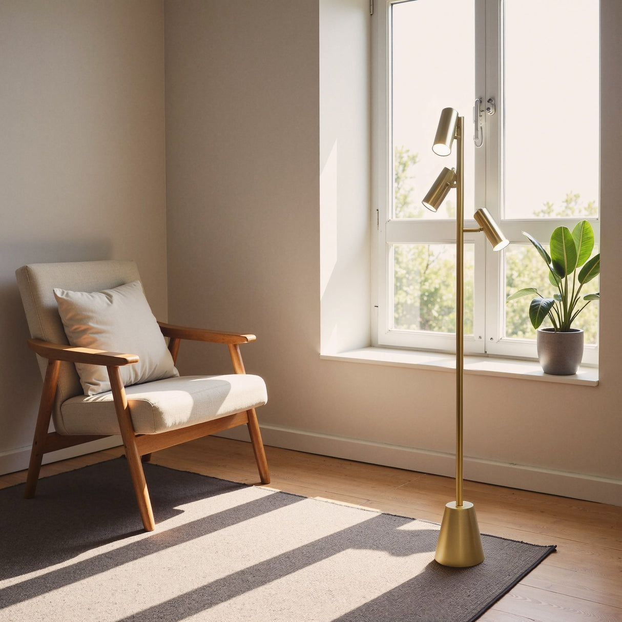 Lumina Brassed Gold Floor Lamp with Rotary Switch Triple Spots Metal Cone Base by Ashcroft Furniture at Eve Furniture