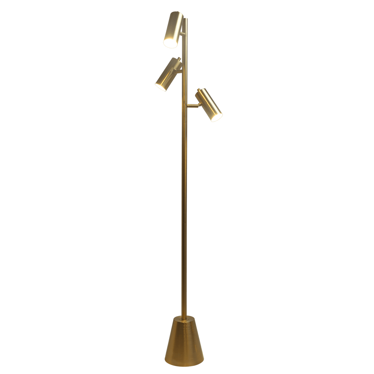 Lumina Brassed Gold Floor Lamp with Rotary Switch Triple Spots Metal Cone Base by Ashcroft Imports at Eve Furniture