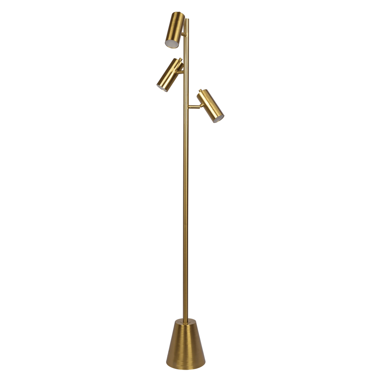 Lumina Brassed Gold Floor Lamp with Rotary Switch Triple Spots Metal Cone Base by Ashcroft Furniture at Eve Furniture