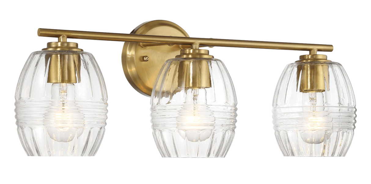 Luster Three Lights Vanity With Clear Glass for Bathrooms above Mirror Wall Lamp - Satin Brass by Ashcroft Furniture at Eve Furniture