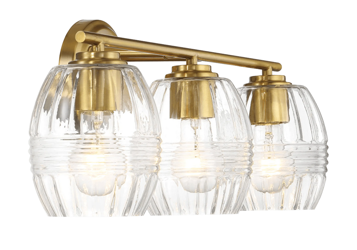 Luster Three Lights Vanity With Clear Glass for Bathrooms above Mirror Wall Lamp - Satin Brass by Ashcroft Furniture at Eve Furniture
