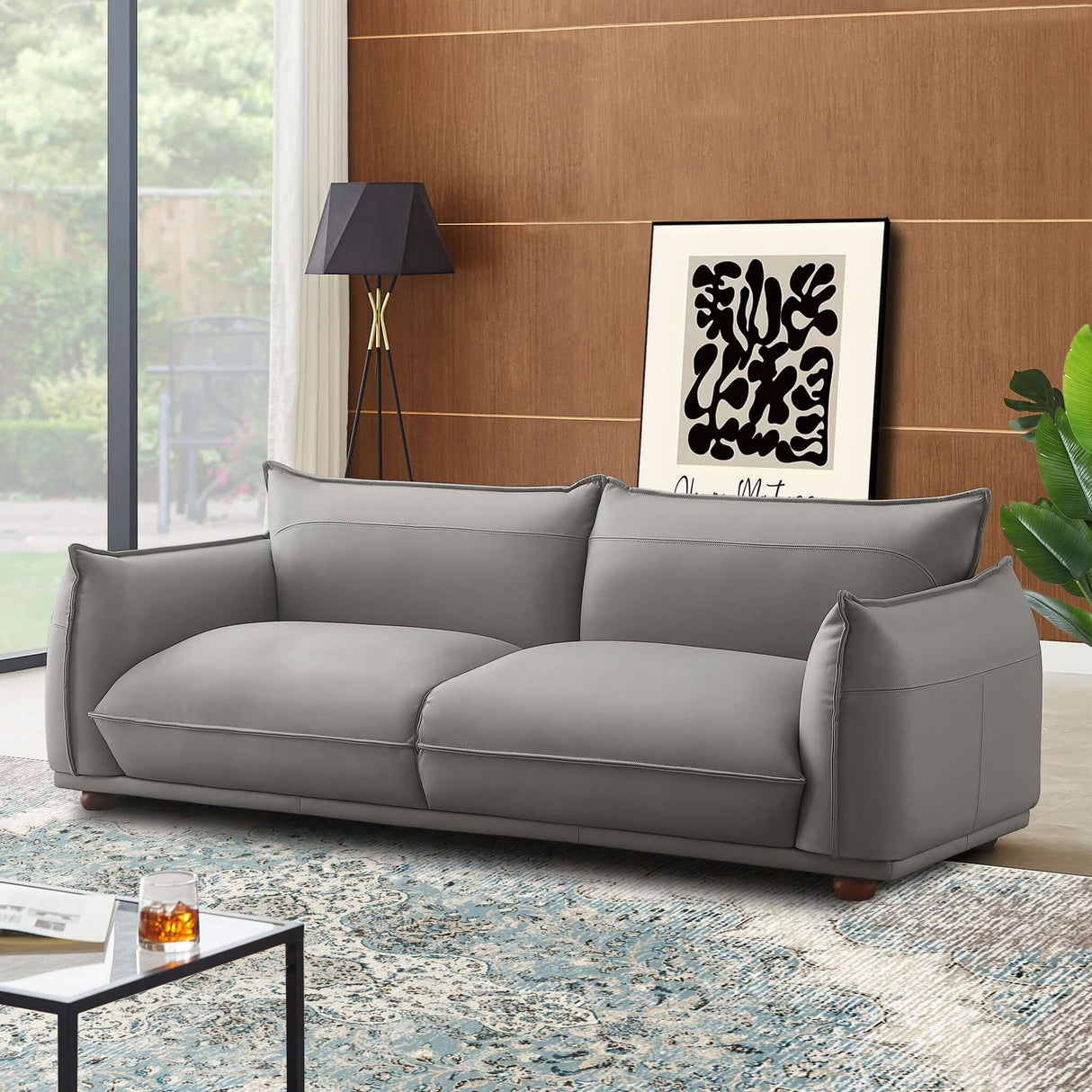 Emma Mid Century Modern Luxury Grey Leather Sofa by Ashcroft Imports at Eve Furniture