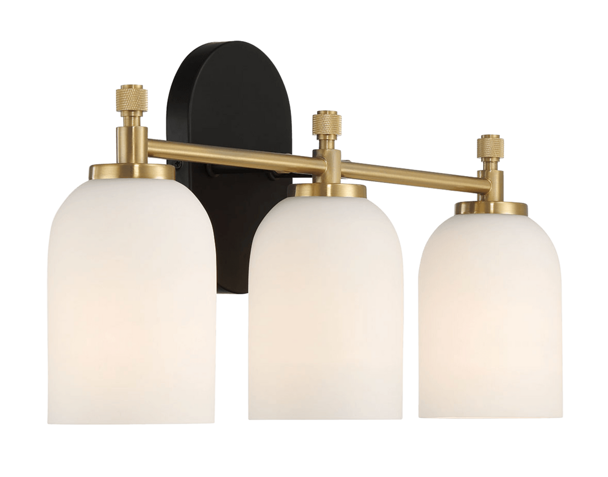 Meadows Three Lights Vanity Brushed Gold Bathroom Wall Light for Bathroom Over Mirror 20.5"W × 10.125"H × 5.5"E with White Frosted Glass by Ashcroft Imports at Eve Furniture
