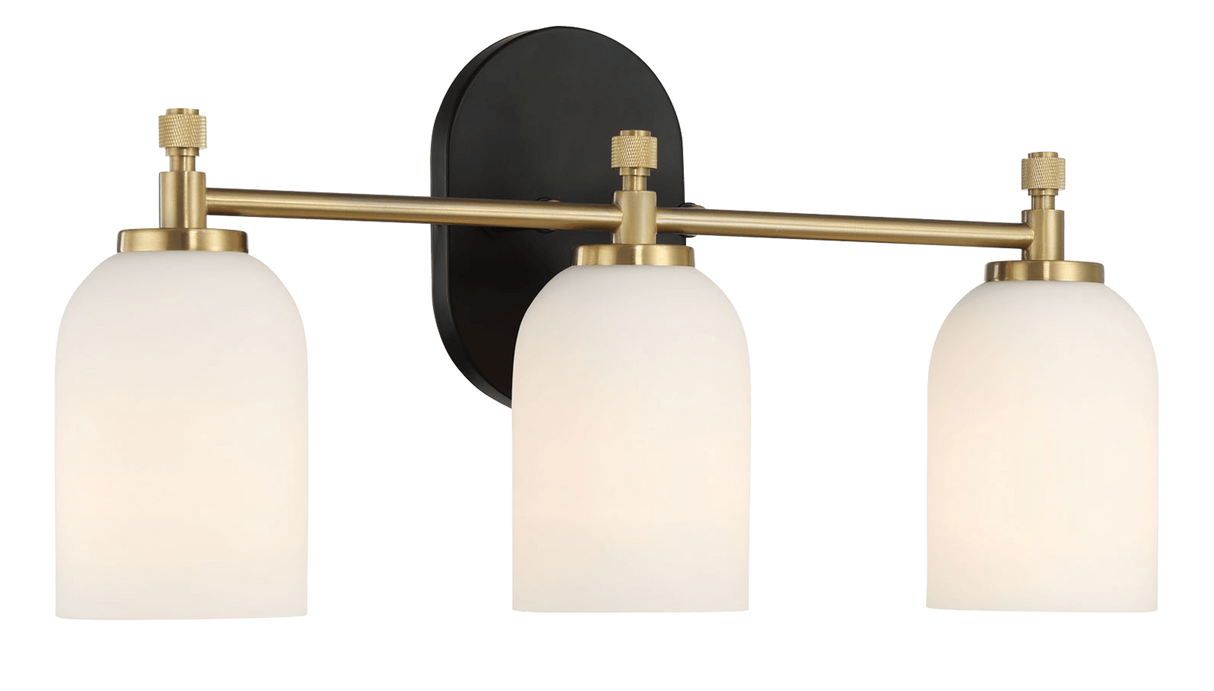 Meadows Three Lights Vanity Brushed Gold Bathroom Wall Light for Bathroom Over Mirror 20.5"W × 10.125"H × 5.5"E with White Frosted Glass by Ashcroft Imports at Eve Furniture