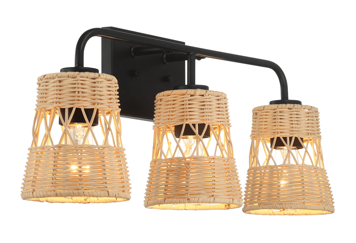 Moonlit Three Lights Wall Sconce With Rattan Shade, Bathroom Lighting Fixtures Over Mirror by Ashcroft Imports at Eve Furniture