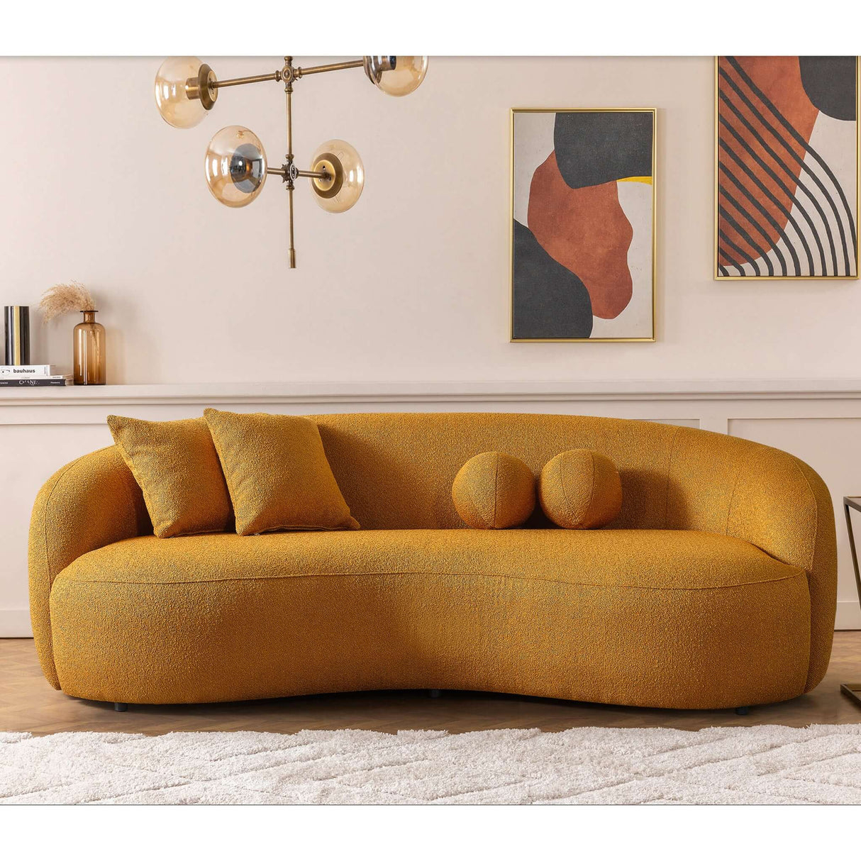 Drake Japandi Style Curvy Gold Boucle Sofa by Ashcroft Furniture at Eve Furniture