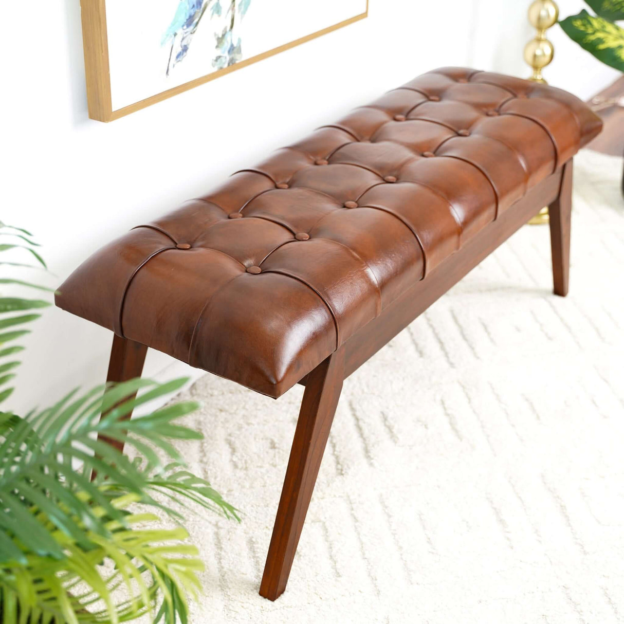 Maja Mid Century Modern Tan Leather Bench by Ashcroft Imports at Eve Furniture
