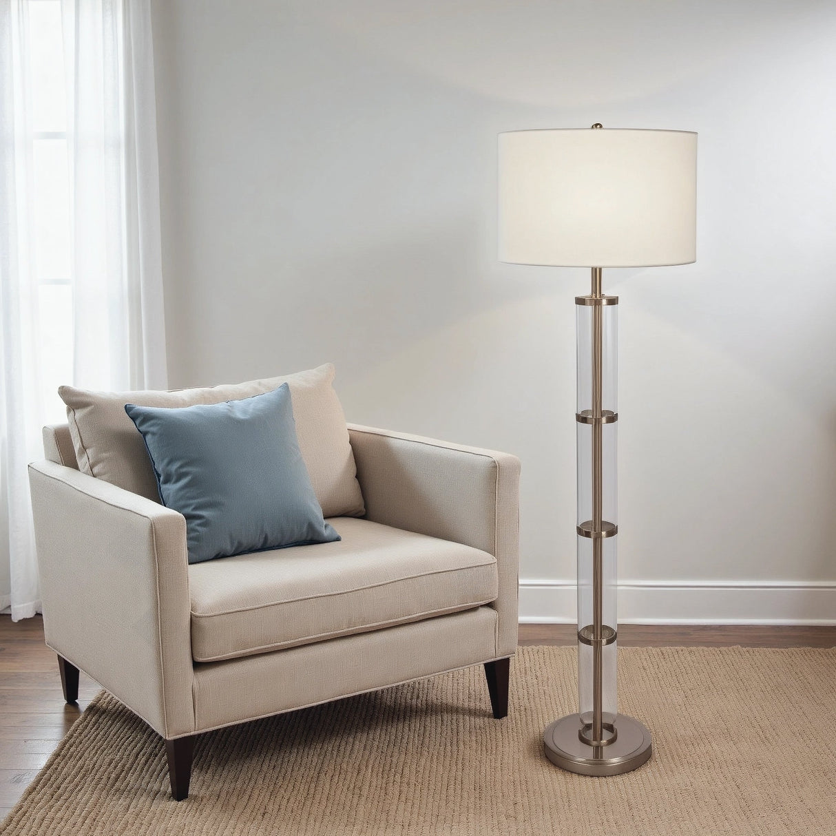 Nimbus Brushed Nickel Floor Lamp with 3-Way Rotary Switch Clear Glass Body Metal Base by Ashcroft Imports at Eve Furniture